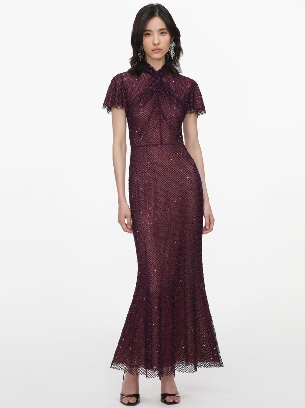 SELF-PORTRAIT BURGUNDY RHINESTONE FISHNET MIDI DRESS, New